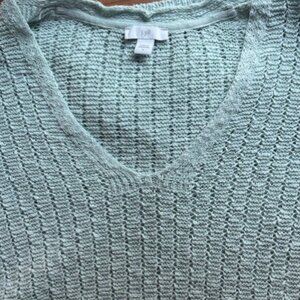 J Jill Open Knit V-Neck Sweater 3/4 Sleeve Pastel Green Minimal Quiet Luxury L